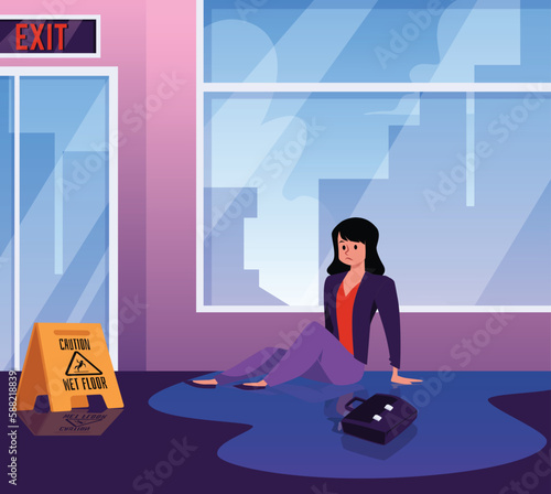 Buyer falling in puddle on wet floor in supermarket, flat vector illustration.