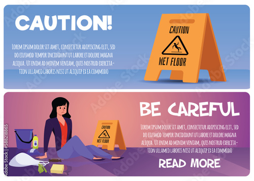 Wet floor caution sign board, web banners set - flat vector illustration. Woman slipping on wet floor.