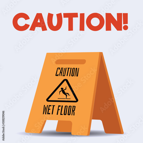 Squared banner with triangular wet floor caution sign flat style