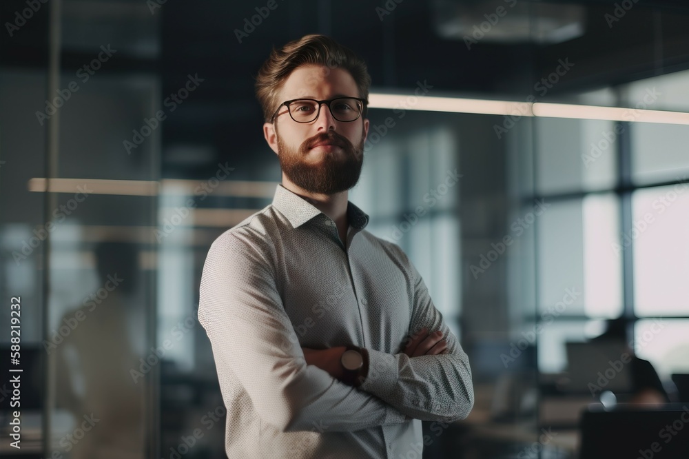 The image of a male businessman standing looking confidently at the camera inside a modern office. AI-generated images The image of a male businessman standing looking confidently at the camera inside a modern office. AI-generated images