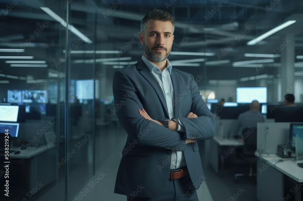 The image of a male businessman standing looking confidently at the camera inside a modern office. AI-generated images