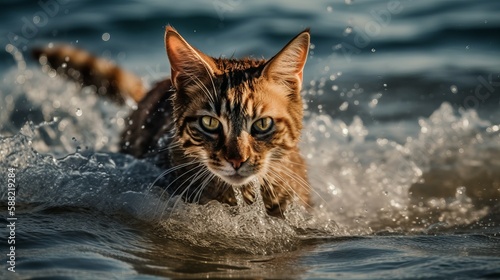 a cat that is swimming in the sea and looking for prey in the water stock illustration by generative ai