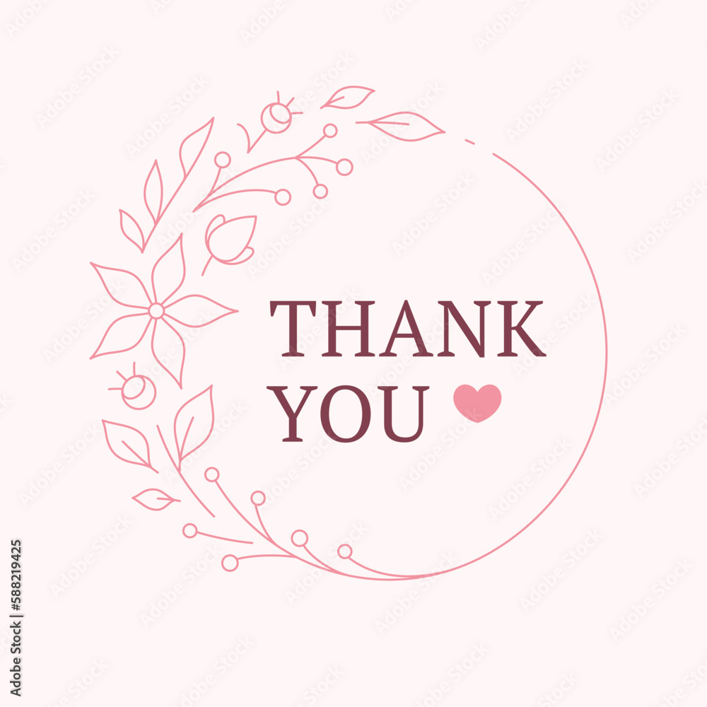 Thank you card pink elegant circle floral frame bloom leaves vintage line design template vector Thank you card pink elegant circle floral frame bloom leaves vintage line design template vector