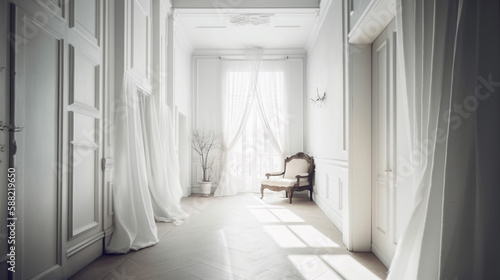 Bright white hall  white curtain Generated AI