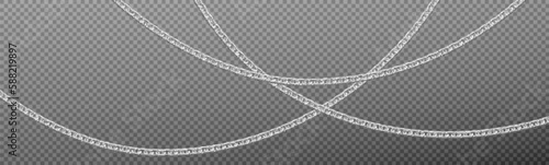 Realistic silver chains hanging isolated on transparent background. Vector illustration of necklace with thin platinum metal links. Vintage fashion accessory. Jewelry sale banner design element