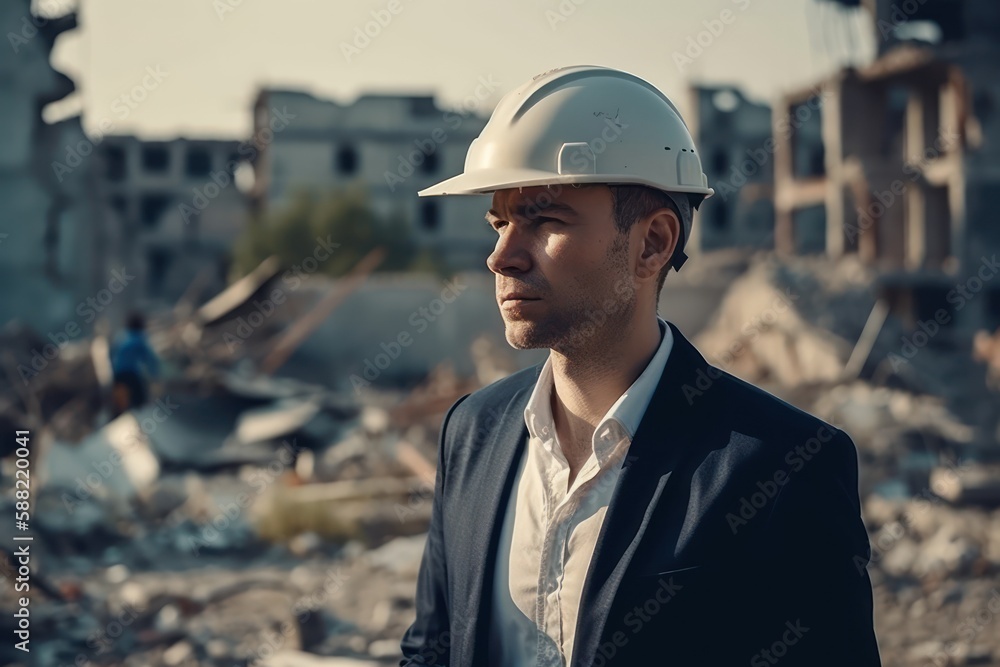 Businessman pointing at construction site, generative AI Businessman pointing at construction site, generative AI