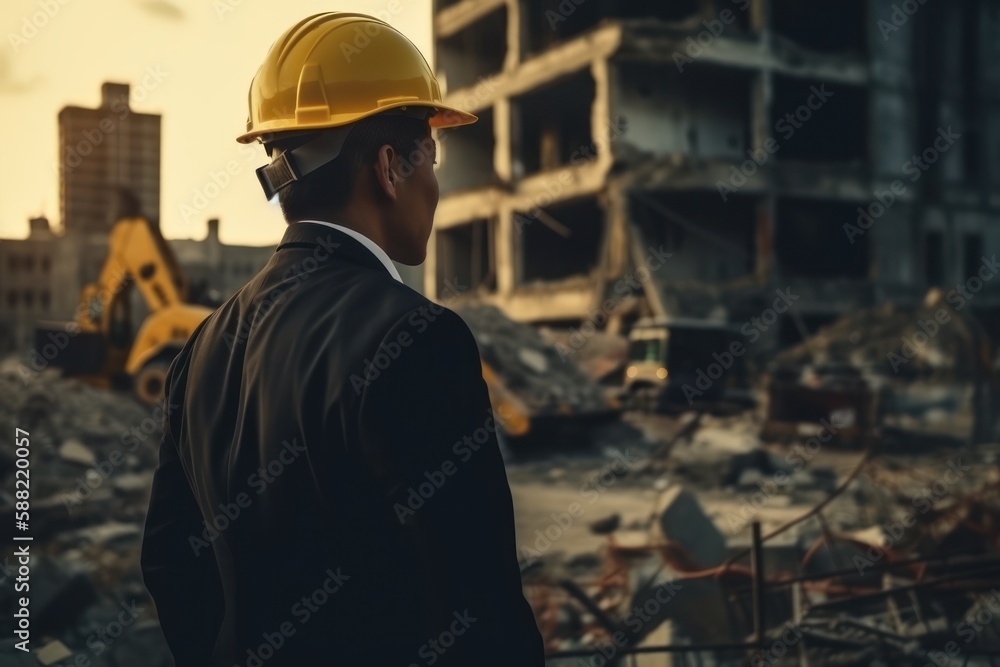 Businessman with arms crossed in yellow hard hat, generative AI Businessman with arms crossed in yellow hard hat, generative AI