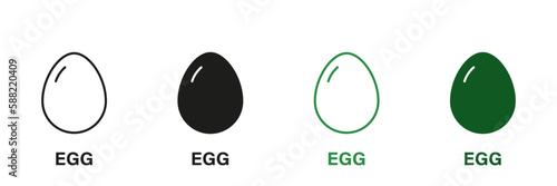 Egg Line and Silhouette Icon Set. Healthy Breakfast Green and Black Pictogram. Protein Diet, Eggshell Symbol Collection on White Background. Nutrition Sign. Isolated Vector Illustration