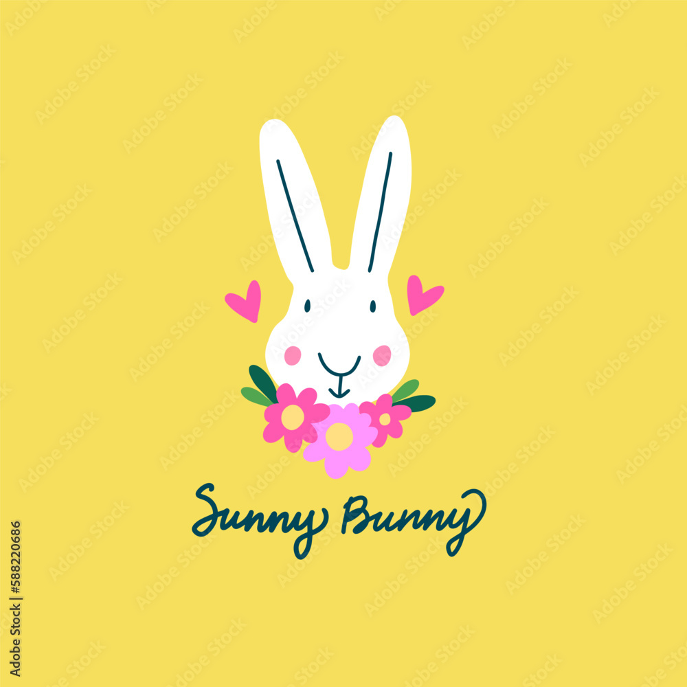 Happy Easter greeting card with cute Rabbit and flowers. Sunny Bunny sign. Happy Easter greeting card with cute Rabbit and flowers. Sunny Bunny sign.