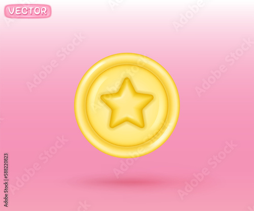 3D vector gold coin with star rendering icon with shadow. Coin game medal sign for banner, web, or business creative concept illustration. 3D design isolated on pink-white color gradient background.