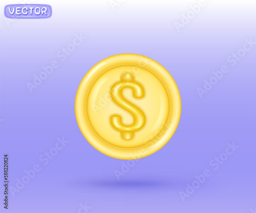 3D vector dollar gold coin rendering icon with shadow. Money sign for banner, web, or business creative concept illustration. 3D design isolated on blue-purple-white color gradient background.