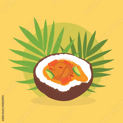 Halves of coconut filled with stew vector illustration


