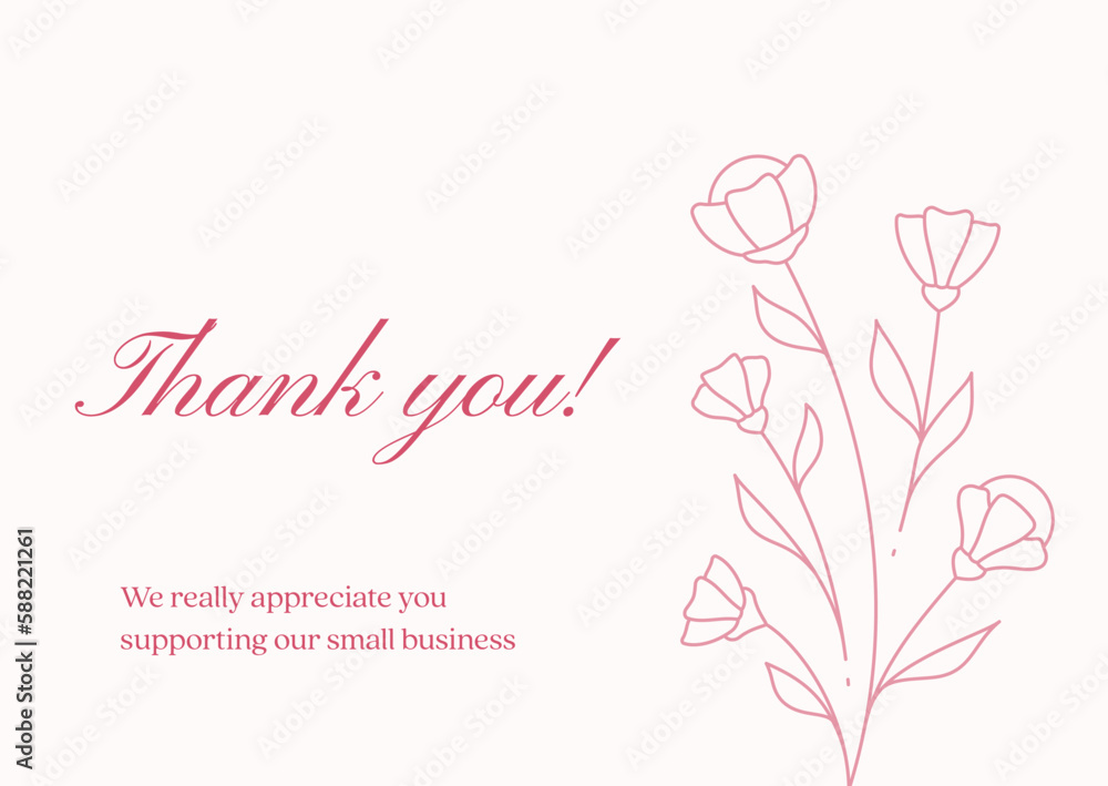 Thank you pink flower blossom card banner vintage romantic line design template vector illustration.