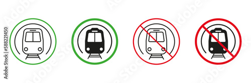 Metro Red and Green Road Warning Signs. Public Subway, Underground Station. Railway Transportation Permit and Not Allowed Signs. Train Line and Silhouette Icons Set. Isolated Vector Illustration