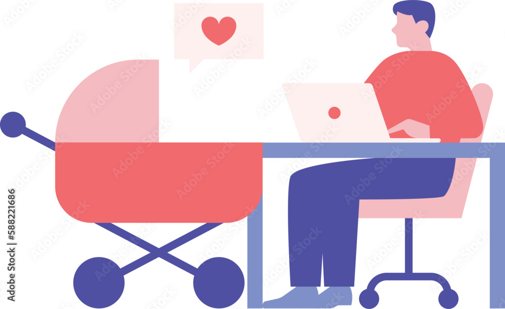 Young father working at home with his baby in a stroller. Vector illustration in flat style Young father working at home with his baby in a stroller. Vector illustration in flat style
