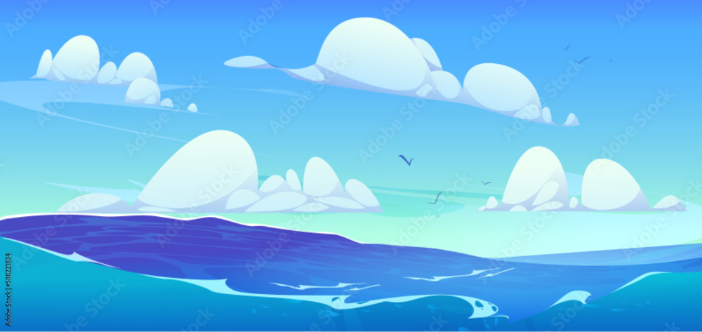 Ocean wave and blue sky with cloud vector background. Sea cartoon landscape. Sunny horizon skyline scene. Wild seaside wide wallpaper with water splash and foam. Beautiful nautical concept Ocean wave and blue sky with cloud vector background. Sea cartoon landscape. Sunny horizon skyline scene. Wild seaside wide wallpaper with water splash and foam. Beautiful nautical concept