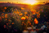 a vibrant field of wildflowers, bathed in a warm, golden glow, expertly emphasizing the rich textures and vivid colors of the wildflower meadow-generative ai. 