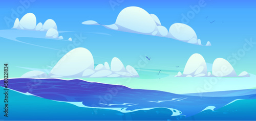 Ocean wave and blue sky with cloud vector background. Sea cartoon landscape. Sunny horizon skyline scene. Wild seaside wide wallpaper with water splash and foam. Beautiful nautical concept