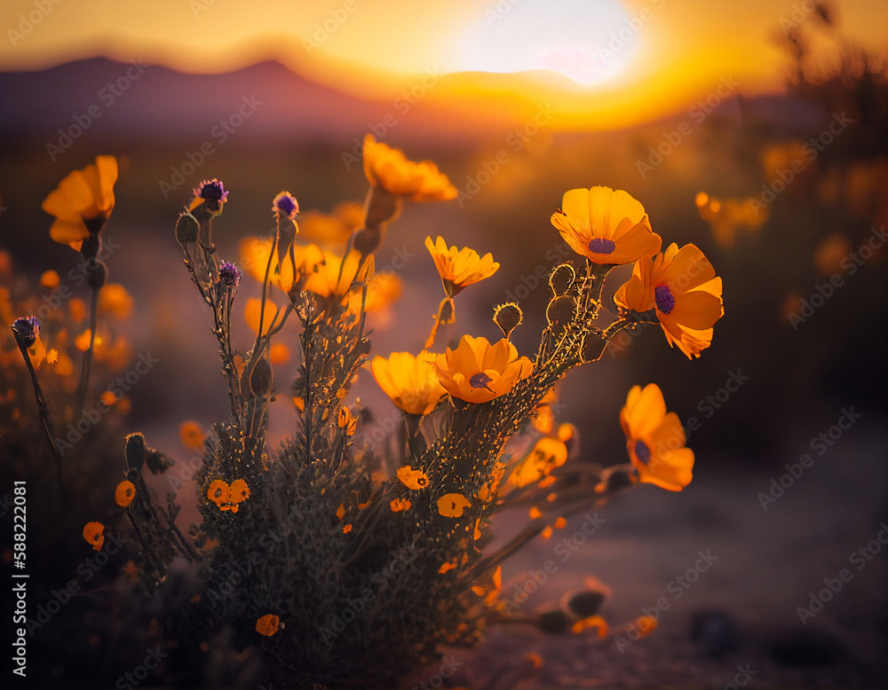 a vibrant field of wildflowers, bathed in a warm, golden glow, expertly ...