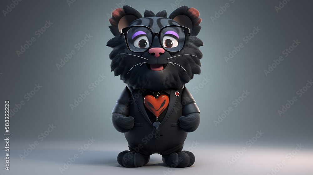 Black cartoon tiger with a small white heart patch on its chest Black cartoon tiger with a small white heart patch on its chest