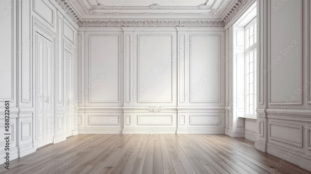 Modern classic white empty interior with wall panels and wooden floor. front view. Generated AI Modern classic white empty interior with wall panels and wooden floor. front view. Generated AI