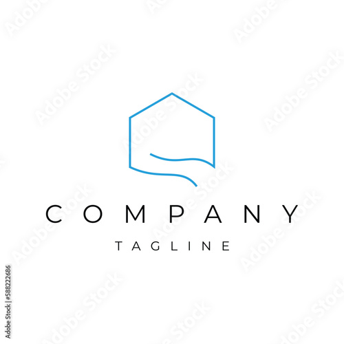 Abstract river house building line art outline linear geometric icon logo design vector template