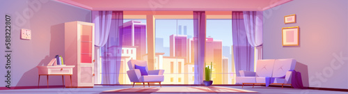Living room interior with panoramic window cartoon vector background. Home furniture with couch, bookshelf and armchair. Pink and purple large luxury hotel apartment with day skyscraper city view.