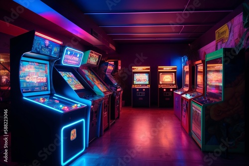 Arcade gaming machine at neon lighted, arcade, gaming, machine, retro, neonlights, nostalgia, fun, entertainment, vintage, gameplay,