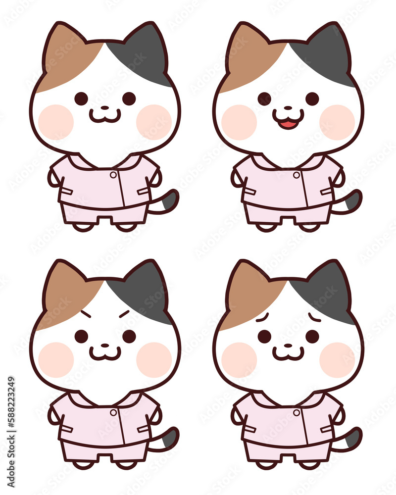 看護師服を着た三毛猫セット