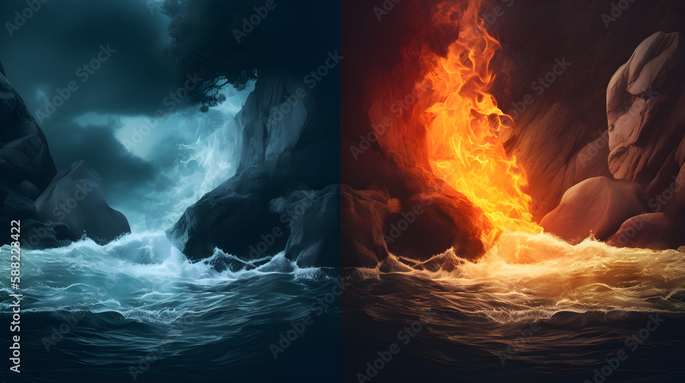 A split screen artwork showing the duality of fire and water, with a ...