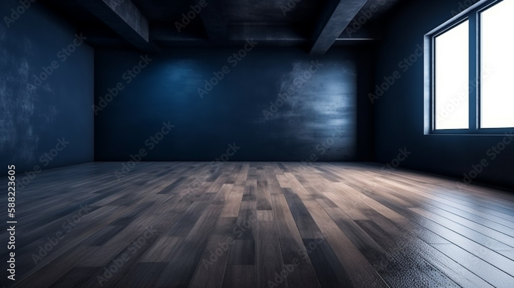 blank Dark blue wall in an empty room with a wooden floor. front view. Generated AI