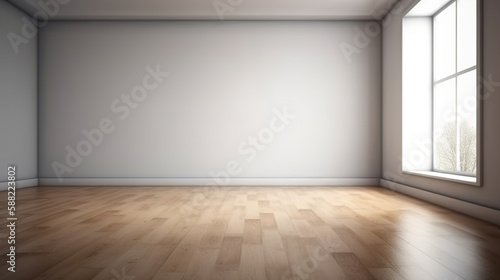 blank white wall in an empty room with a wooden floor. front view. Generated AI