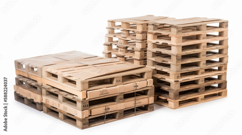 cardboard boxes stacked on industrial shipping pallets isolated on white Generated AI cardboard boxes stacked on industrial shipping pallets isolated on white Generated AI