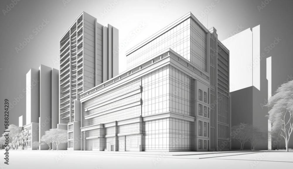 3d render of modern office building with skyscrapers in the background. Generative digital illustration of the AI of a non-existent building model