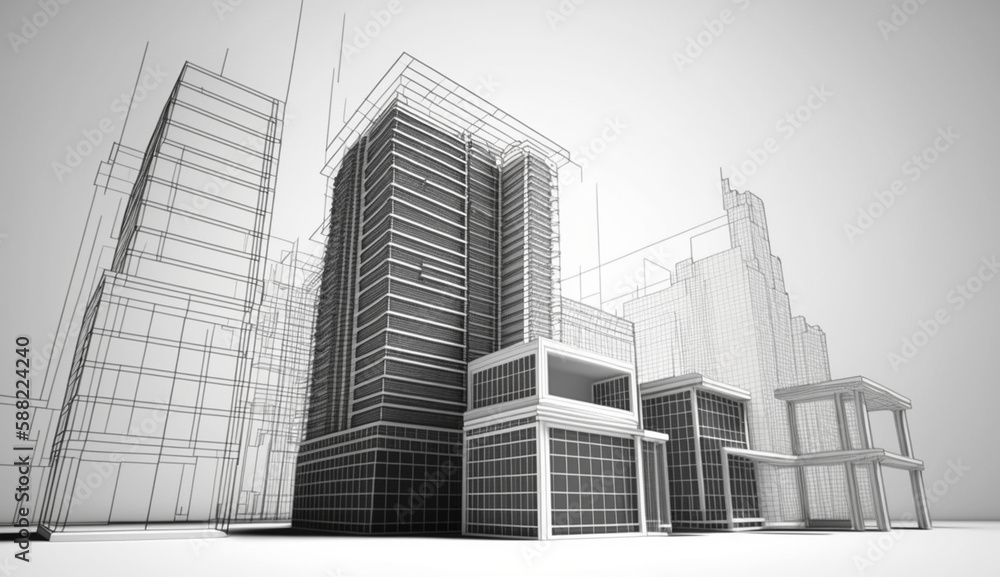Fototapeta premium Abstract modern building wireframe, 3d render computer digital illustration. Generative digital illustration of the AI of a non-existent building model