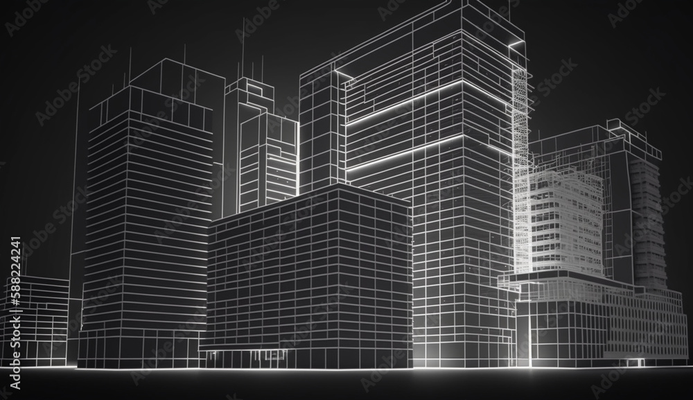 Abstract wireframe city background. 3D render of building wireframe. Generative digital illustration of the AI of a non-existent building model