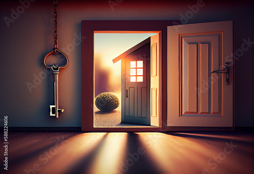 
Offene Tür vor sonnigem Appartment mit Haustürschlüssel im Schloss - Generative Ai photo