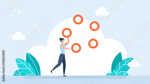 Businesswoman juggler with rings. Business woman showing her skills. Business skill concept. Wealth management. Career challenge concept. Control in management multitasking. Vector illustration