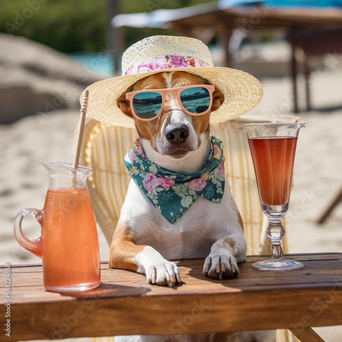 Perro de vacaciones con una bebida refrescante