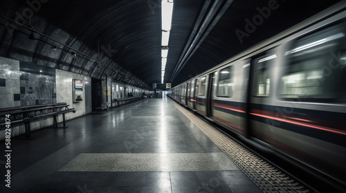 metro train in subway underground tunnel station platform with motion blur effect Generated AI