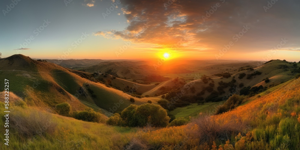 A panoramic view of rolling hills and a vibrant sunset | generative AI
