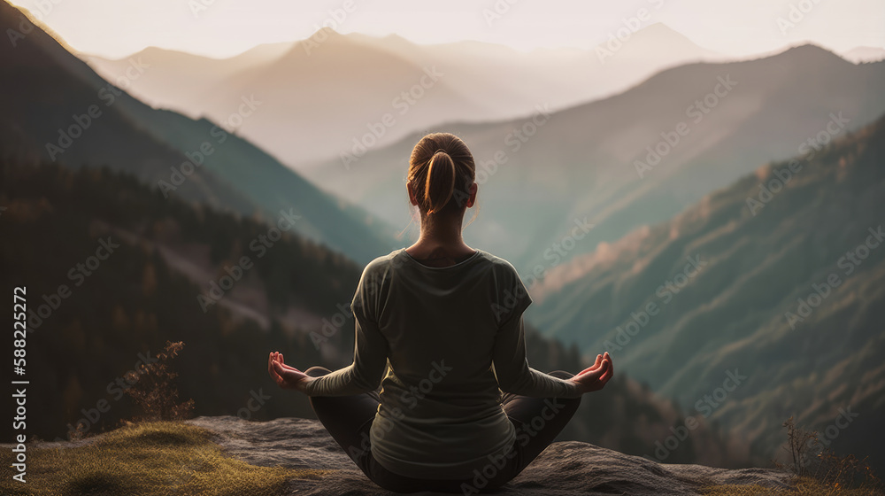 At dusk, a young woman is doing yoga in the mountains. Harmony, mindfulness, healthy living, stress reduction, yoga, and self-care concept, Generative AI