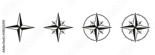 Rose Wind Symbol. Compass Silhouette Icon Set. North, South, West, East Navigation Glyph Pictogram. Journey Navigator Solid Sign. GPS for Travel. Adventure Equipment. Isolated Vector Illustration