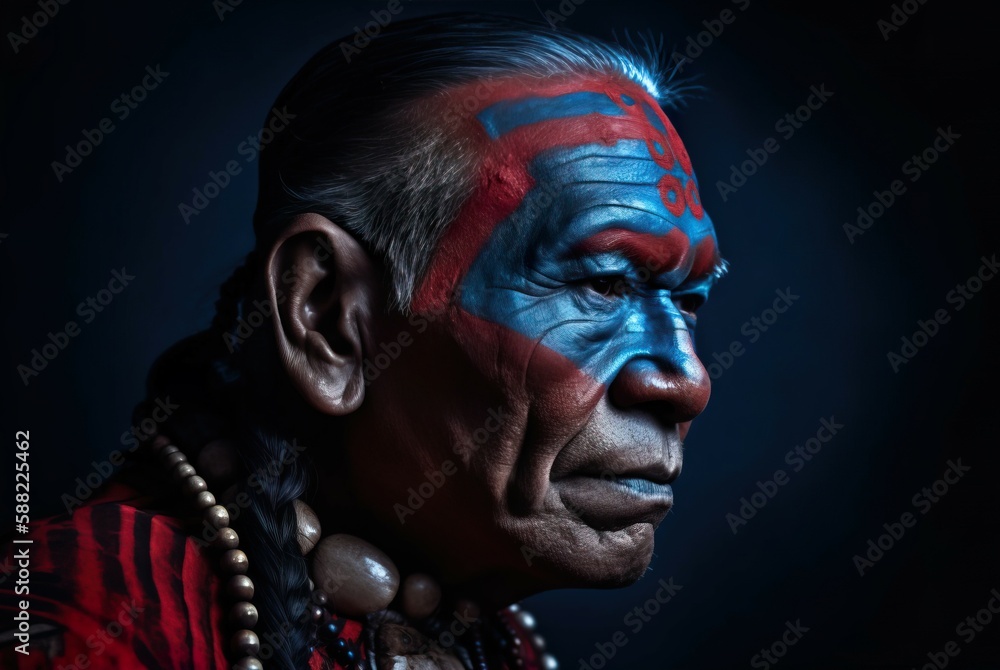 The image of the old warrior chief is made up of blue-red color. AI-generated images The image of the old warrior chief is made up of blue-red color. AI-generated images