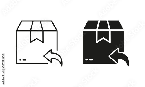 Return Parcel Box Silhouette and Line Icon Set. Exchange Package of Delivery Service Pictogram. Arrow Back Shipping Return Goods. Refund Product in Box. Editable Stroke. Isolated Vector Illustration