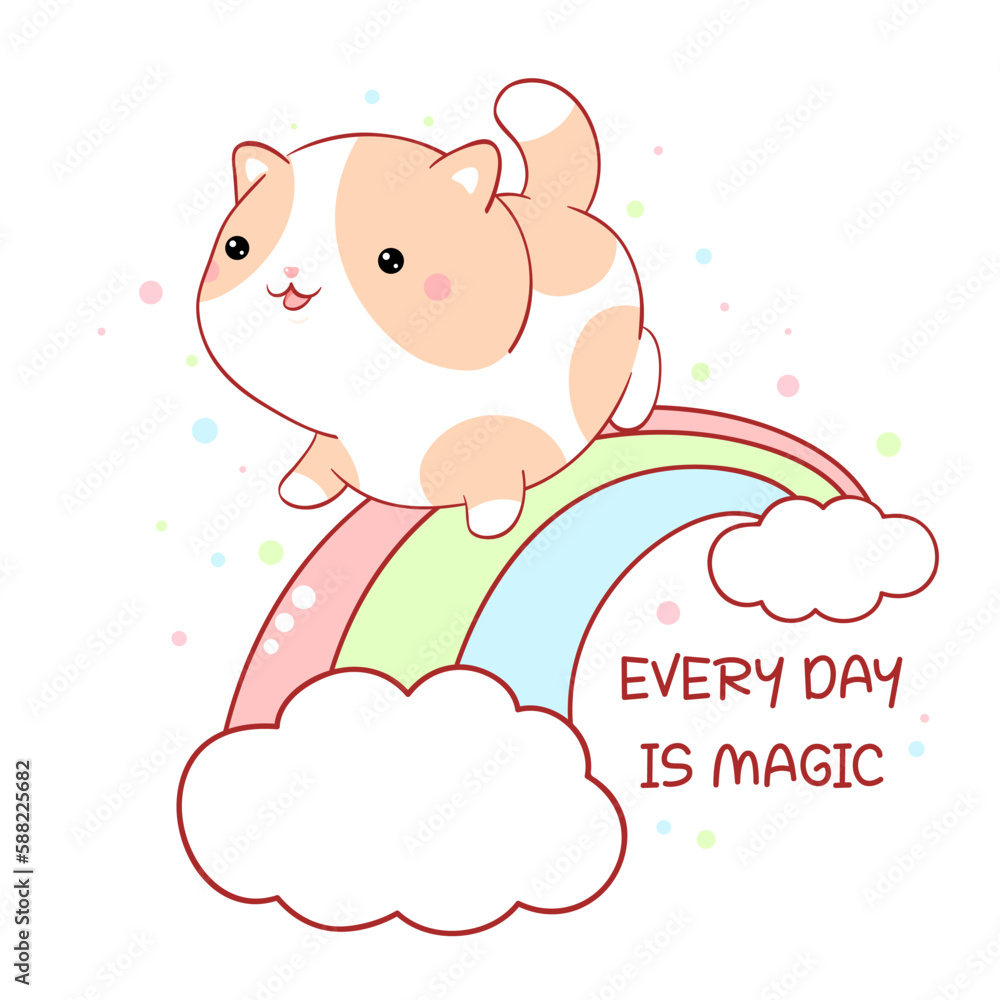 Affirmation for kids playroom, nursery. Sticker with inspirational positive quote Every day is magic. Cute little cat walks on the rainbow Affirmation for kids playroom, nursery. Sticker with inspirational positive quote Every day is magic. Cute little cat walks on the rainbow