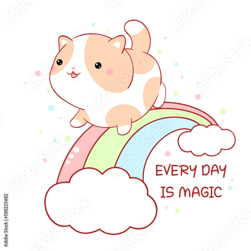 Affirmation for kids playroom, nursery. Sticker with inspirational positive quote Every day is magic. Cute little cat walks on the rainbow