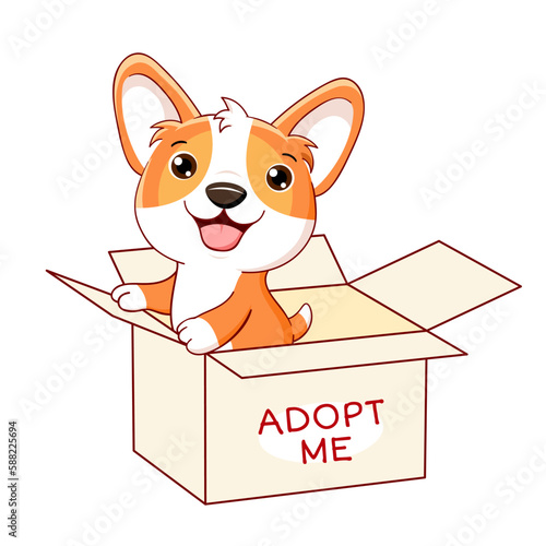 Cute little puppy in box. Inscription Adopt me. Help homeless animals find a home. Animal care, adoption concept. Adopt a Friend. Vector illustration EPS8 