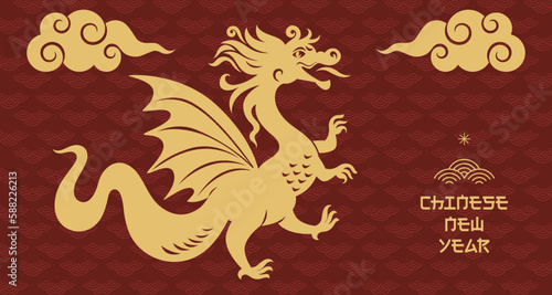  Chinese Happy New Year 2024. Year of the Dragon. Greetings card, horizontal banner design