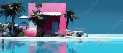Mediterranean island beach house on rocks close to calm blue ocean and white sandy shore, palm trees and hot summer sunshine holiday, relax and unwind in outdoor tranquility - generative AI © SoulMyst